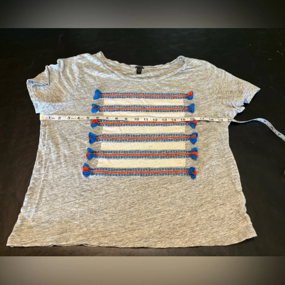J. Crew Heather Gray Short-Sleeve Tee with Blue and Orange Tassel Stripes